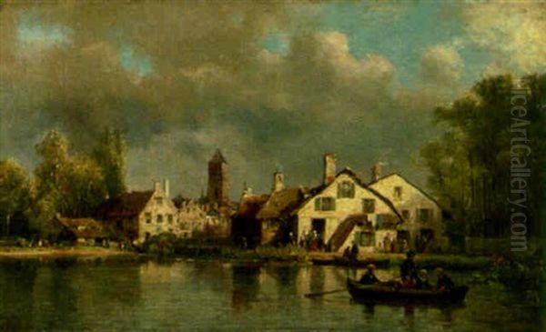 A Town Along A River Oil Painting by Charles Euphrasie Kuwasseg