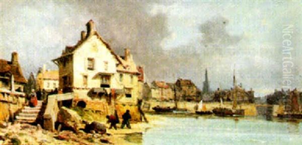 A French Harbour Oil Painting by Charles Euphrasie Kuwasseg