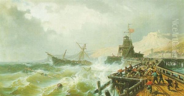 Rescuing A Ship In Stormy Seas Oil Painting by Charles Euphrasie Kuwasseg