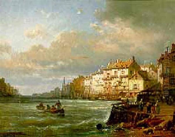 Figures Before A Harbour Town Oil Painting by Charles Euphrasie Kuwasseg