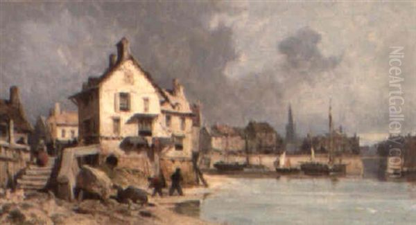 A Dutch Riverside Town Oil Painting by Charles Euphrasie Kuwasseg