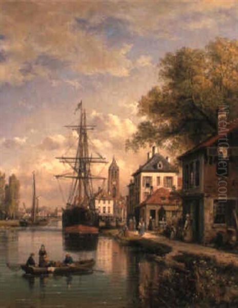 A Riverside Town Oil Painting by Charles Euphrasie Kuwasseg