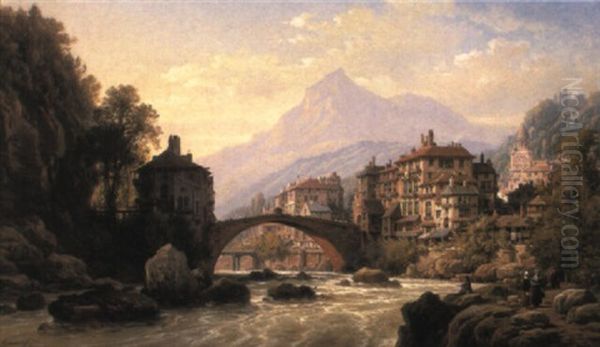 Le Vieux Pont Romain De St. Martin, Italy Oil Painting by Charles Euphrasie Kuwasseg