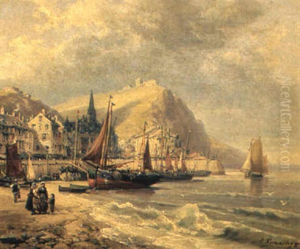 Belebte Kustenstadt Mit Einlaufenden Fischerbooten Oil Painting by Charles Euphrasie Kuwasseg