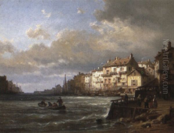 A Harbour Oil Painting by Charles Euphrasie Kuwasseg