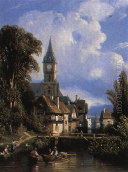 A Village Scene Oil Painting by Charles Euphrasie Kuwasseg