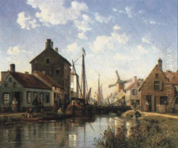 Dutch Town Scene Oil Painting by Charles Euphrasie Kuwasseg