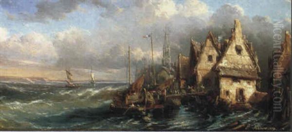 Harbour Scene Oil Painting by Charles Euphrasie Kuwasseg