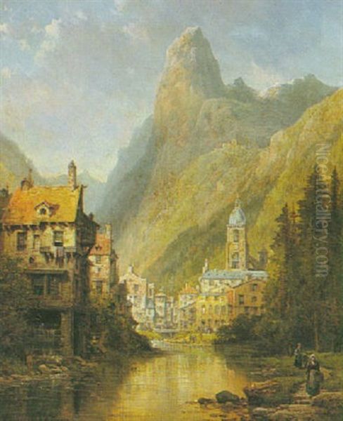 An Alpine Village Scene Oil Painting by Charles Euphrasie Kuwasseg