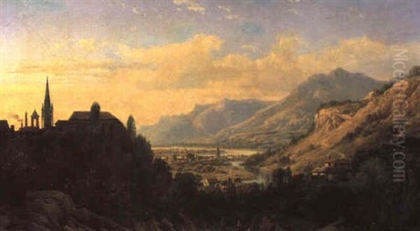 Blick Auf Ein Stadtchen In Sudtirol (klausen?) Oil Painting by Charles Euphrasie Kuwasseg