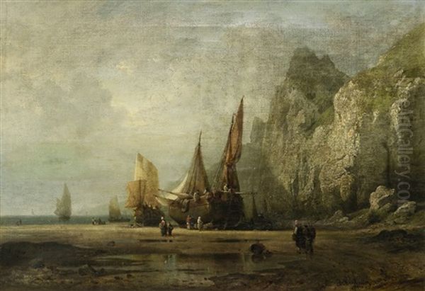 Segelboote Am Strand Einer Felsigen Kuste Oil Painting by Josef Kuwasseg