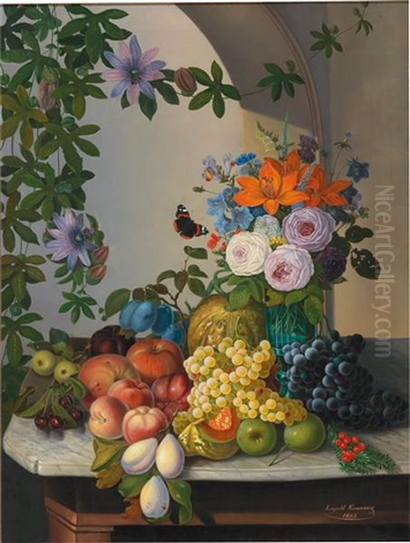 Still Life With Passion Flower And Fruit Oil Painting by Leopold Kuwasseg