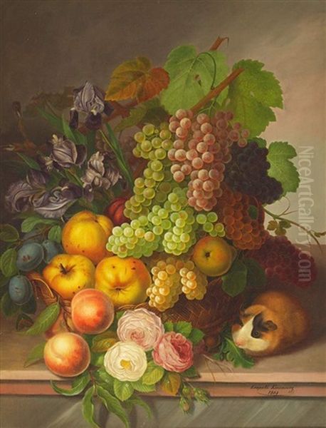 Stilleben Mit Blumen, Fruchten Und Meerschwein Oil Painting by Leopold Kuwasseg