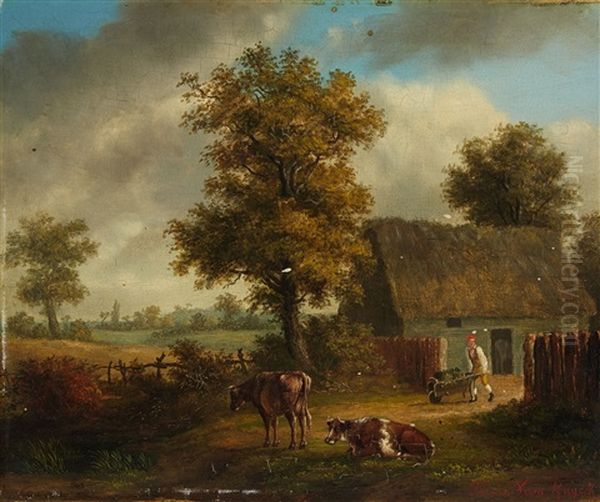 Landscape With Farmhouse And Cattle Oil Painting by Frans Pieter Lodewyk van Kuyck