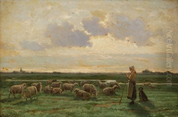 Bergere Aux Moutons Au Pre Oil Painting by Frans Pieter Lodewyk van Kuyck