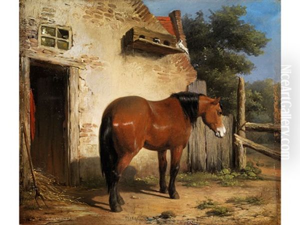 Braunes Pferd Vor Altem Stallgebaude Oil Painting by Jean Louis van Kuyck