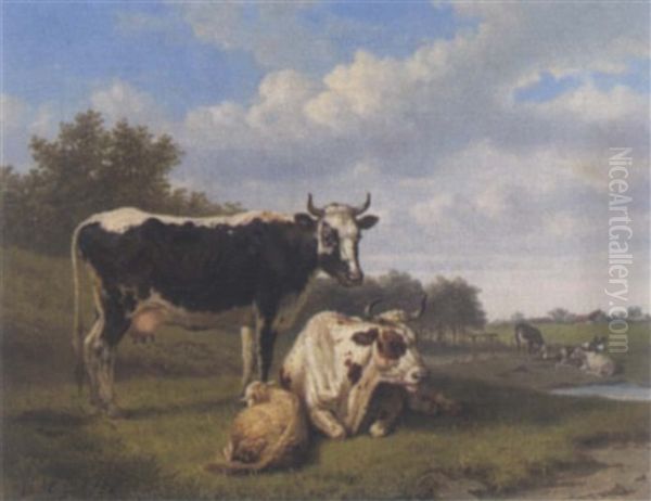 Ruhende Kuhe Und Ein Schaf Auf Der Weide Oil Painting by Jean Louis van Kuyck