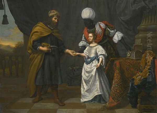 An Old Testament Scene, Possibly Eliezer Offering Jewels To Rebecca Oil Painting by Gysbrecht Van Der Kuyl