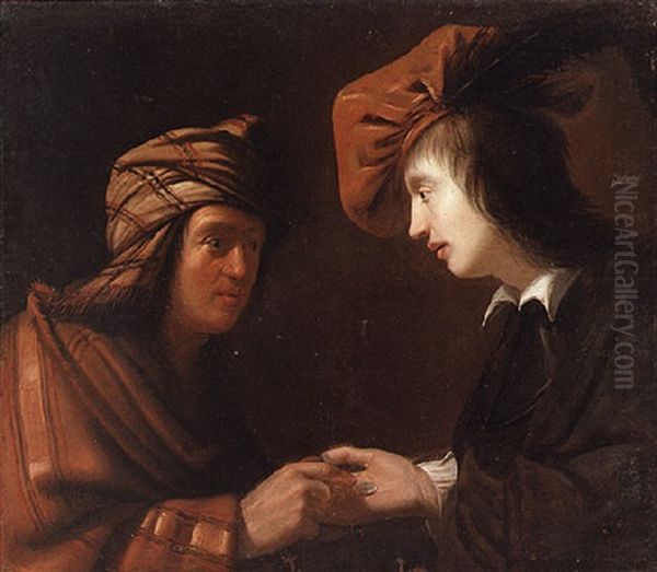 A Fortune Teller Crossing The Palm Of A Young Man Oil Painting by Gysbrecht Van Der Kuyl