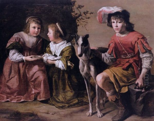 Portrait Of Two Girls And A Boy Of The D'arenberg Family Seated With A Dove And Greyhound In A Landscape Oil Painting by Gysbrecht Van Der Kuyl