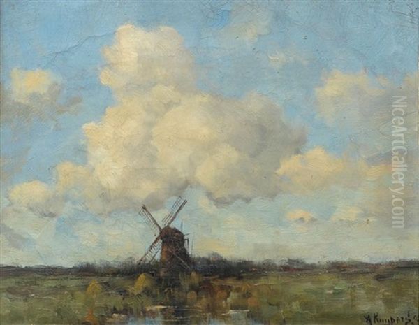 Dutch Windmill Landscape Oil Painting by Adrianus Kuypers