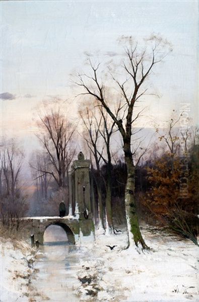 Winters Bruggetje Oil Painting by Adrianus Kuypers