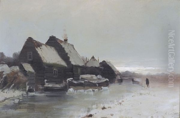 Winterliche Bachlandschaft Mit Bauernhausern Oil Painting by Adrianus Kuypers