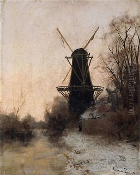 Windmuhle In Verschneiter Fluslandschaft Oil Painting by Adrianus Kuypers