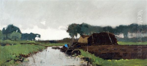 Polderlandschap Met Boer In Sloep Oil Painting by Cornelis Kuypers