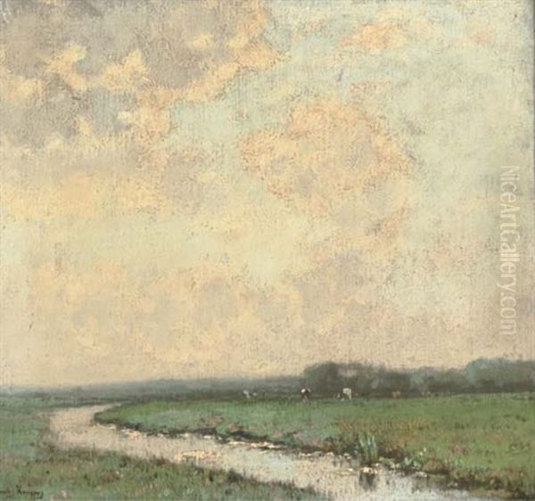 Cattle Grazing At The Bend Of The River Oil Painting by Cornelis Kuypers