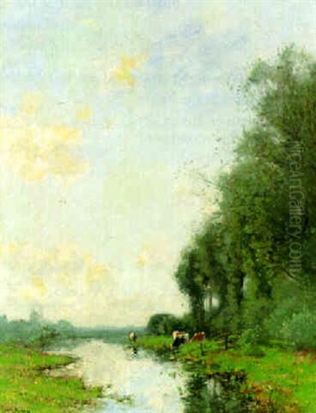 Cows Grazing By A River Oil Painting by Cornelis Kuypers