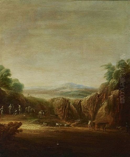 Rocky Landscape With Resting Travellers Oil Painting by Dirk Kuypers