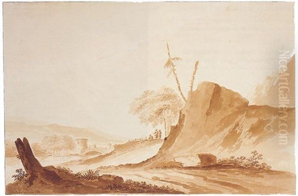 Travellers On A Mountainous Road With A View Of A River Beyond by Dirk Kuypers