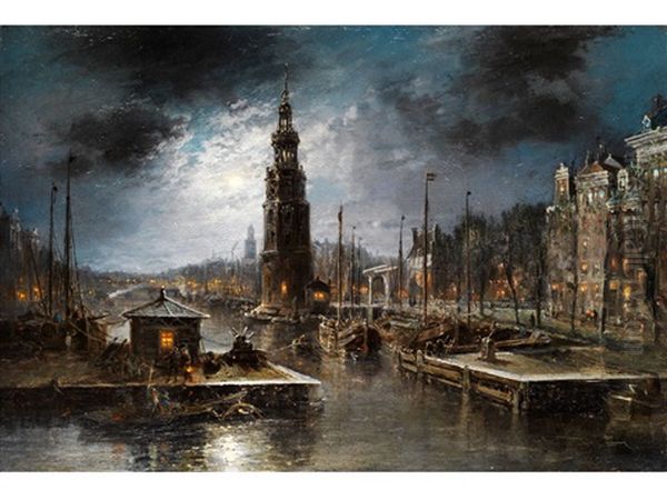 Hollandische Hafenstadt Bei Nacht Oil Painting by Jan Kuypers