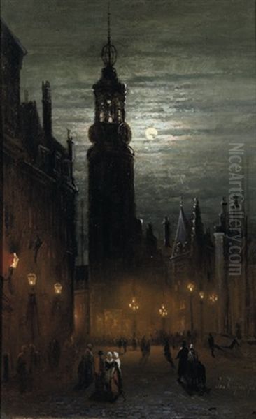 The Munt Tower By Night, Amsterdam Oil Painting by Jan Kuypers