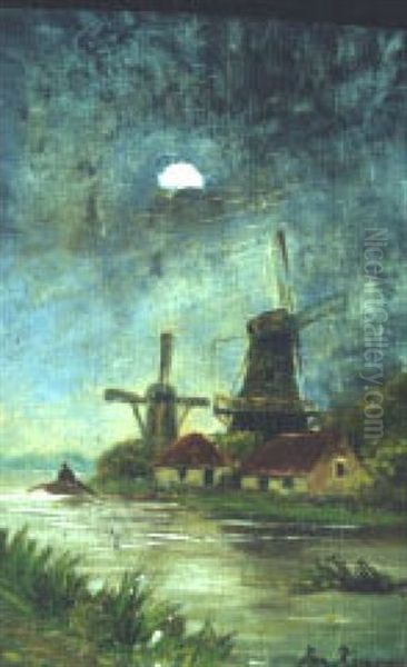 Moonlit Windmills With Rower On A Canal Oil Painting by Jan Kuypers