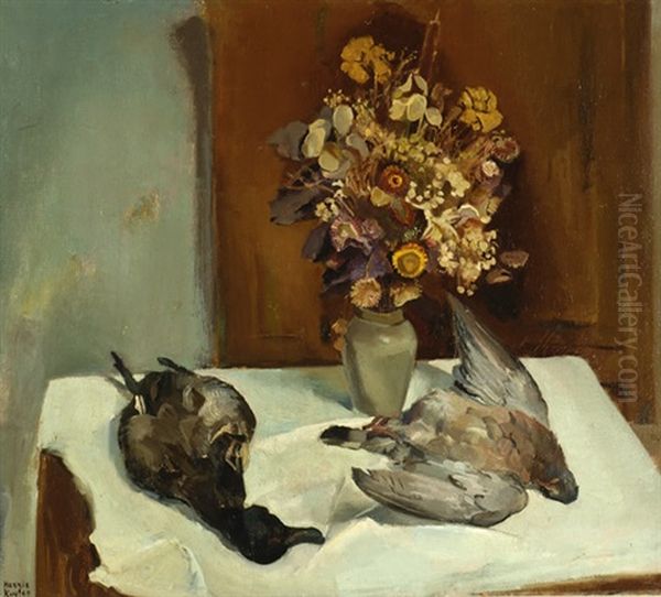 Still Life With Flowers And Two Dead Ducks On A Table Oil Painting by Harrie Kuyten