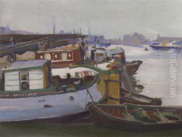 Boats In The Harbour Of Amsterdam by Harrie Kuyten