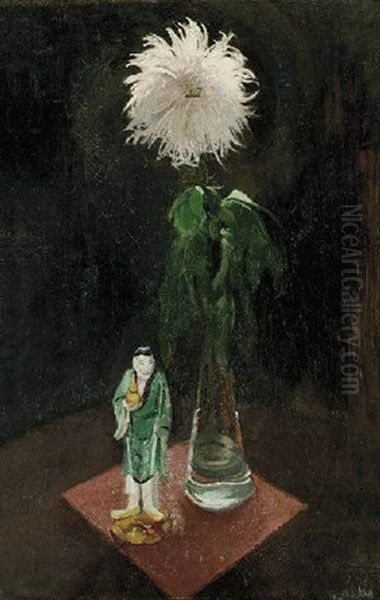 Chrysanthemums With Oriental Sculpture Oil Painting by Harrie Kuyten