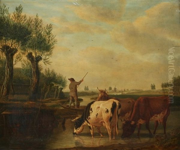 Hirte Auf Einem Kahn Mit Seinen Drei Kuhen Am Kanal Mit Weitem Blick Auf Eine Stadt Oil Painting by Martinus Antonius Kuytenbrouwer the Elder