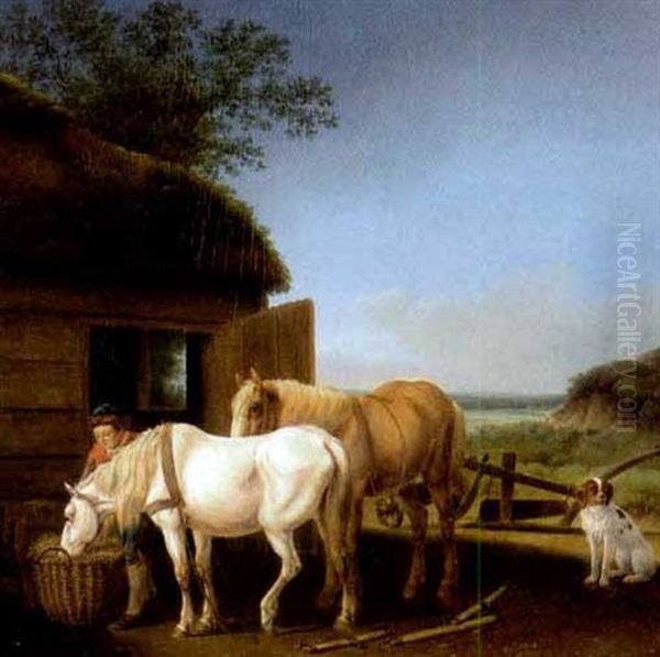 Vor Einem Stall Futtert Ein Bauer Seine Pferde, Die Er Gerade Vom Pflug Abgespannt Hat Oil Painting by Martinus Antonius Kuytenbrouwer the Elder