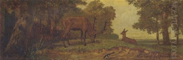 Grazing Deer In A Wooded Landscape Oil Painting by Martinus Antonius Kuytenbrouwer the Elder