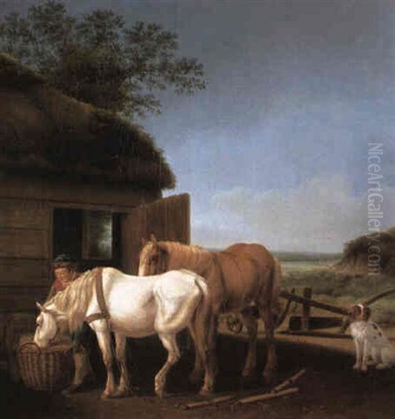 Groom With Two Horses And A Spaniel Before A Stable Oil Painting by Martinus Antonius Kuytenbrouwer the Elder