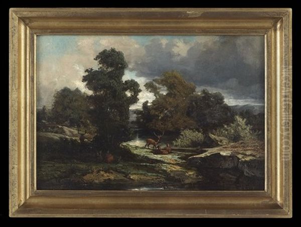 Landscape With Stags Near A Creek Oil Painting by Martinus Antonius Kuytenbrouwer the Younger