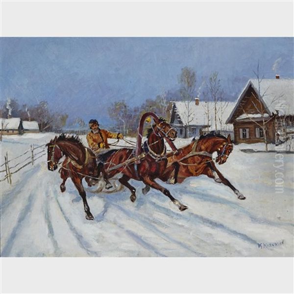 Troika Racing Through The Village Oil Painting by Konstantin Kuznetsov