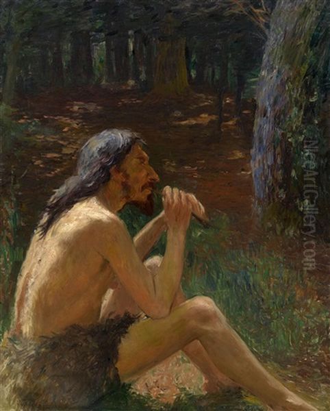 Caveman Playing The Flute Oil Painting by Konstantin Kuznetsov