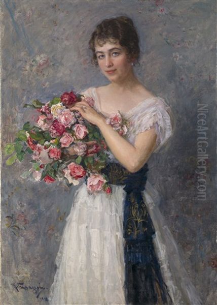 Portrait Of A Woman With A Bouquet Of Roses Oil Painting by Nikolai Dmitrievich Kuznetsov