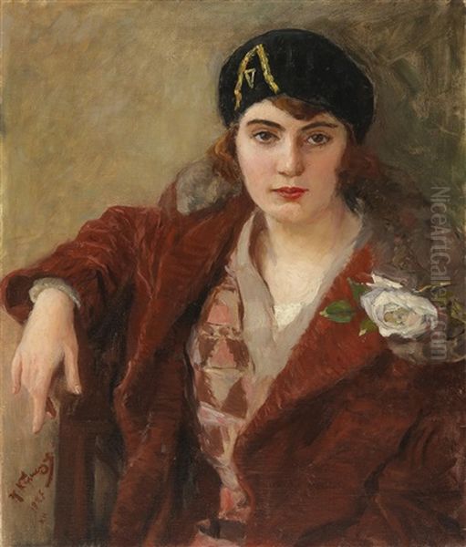 A Young Girl With A Black Beret Oil Painting by Nikolai Dmitrievich Kuznetsov