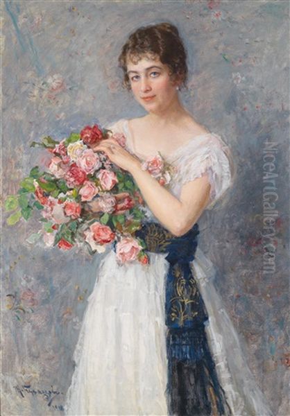 Bildnis Einer Jungen Dame Mit Rosen Oil Painting by Nikolai Dmitrievich Kuznetsov