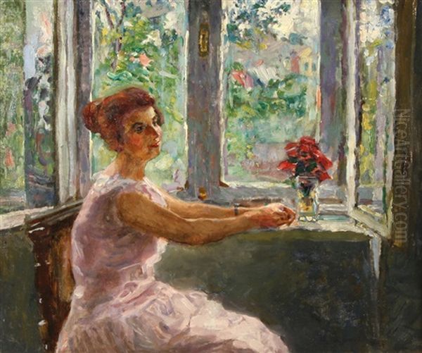 Portrait Of A Woman By A Window Oil Painting by Nikolai Dmitrievich Kuznetsov